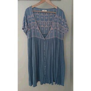 Natural Life V Neck Tunic Mini Dress Size XL Blue Embroidered Button Down Gauzy